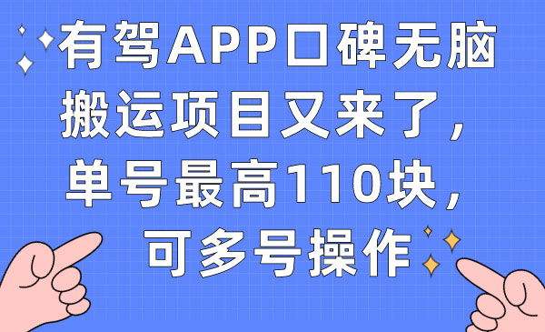 《有驾APP口碑无脑搬运项目》单号最高110块，可多号操作-云际资源网