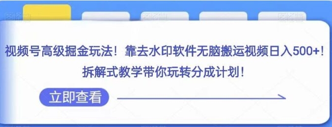 视频号高级掘金玩法，靠去水印软件无脑搬运视频日入500+，拆解式教学带你玩转分成计划【揭秘】-云际资源网