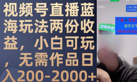 视频号直播蓝海玩法两份收益，小白可玩，无需作品日入200-2000+-云际资源网