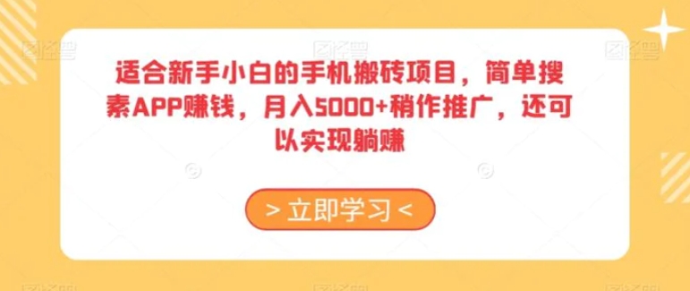 适合新手小白的手机搬砖项目，简单搜素APP赚钱，月入5000+稍作推广，还可以实现躺赚【揭秘】-云际资源网